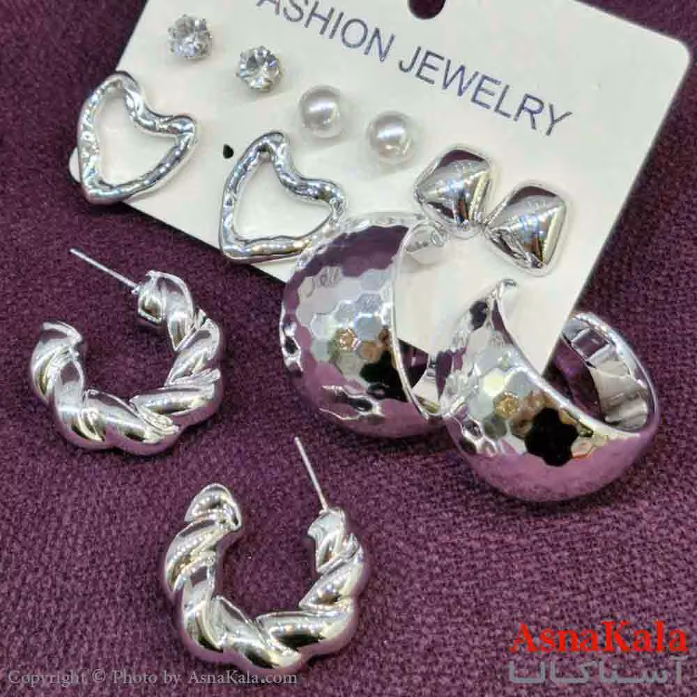 گوشواره زنانه استیل پک 6جفتی مدل مینیمال نقره ای کد GSH151441W
