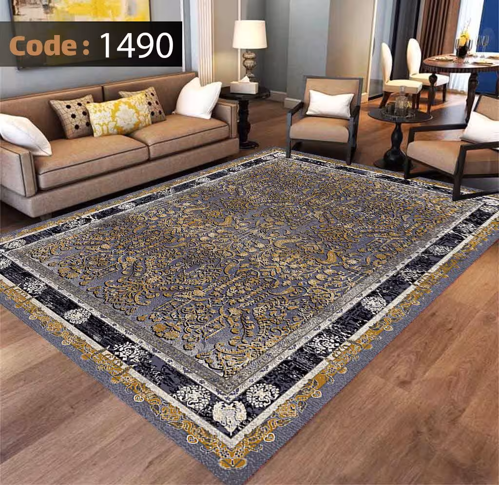 کاورفرش روفرشی دورکشدار گوشه لیفه ای طوسی کرم کد 1490