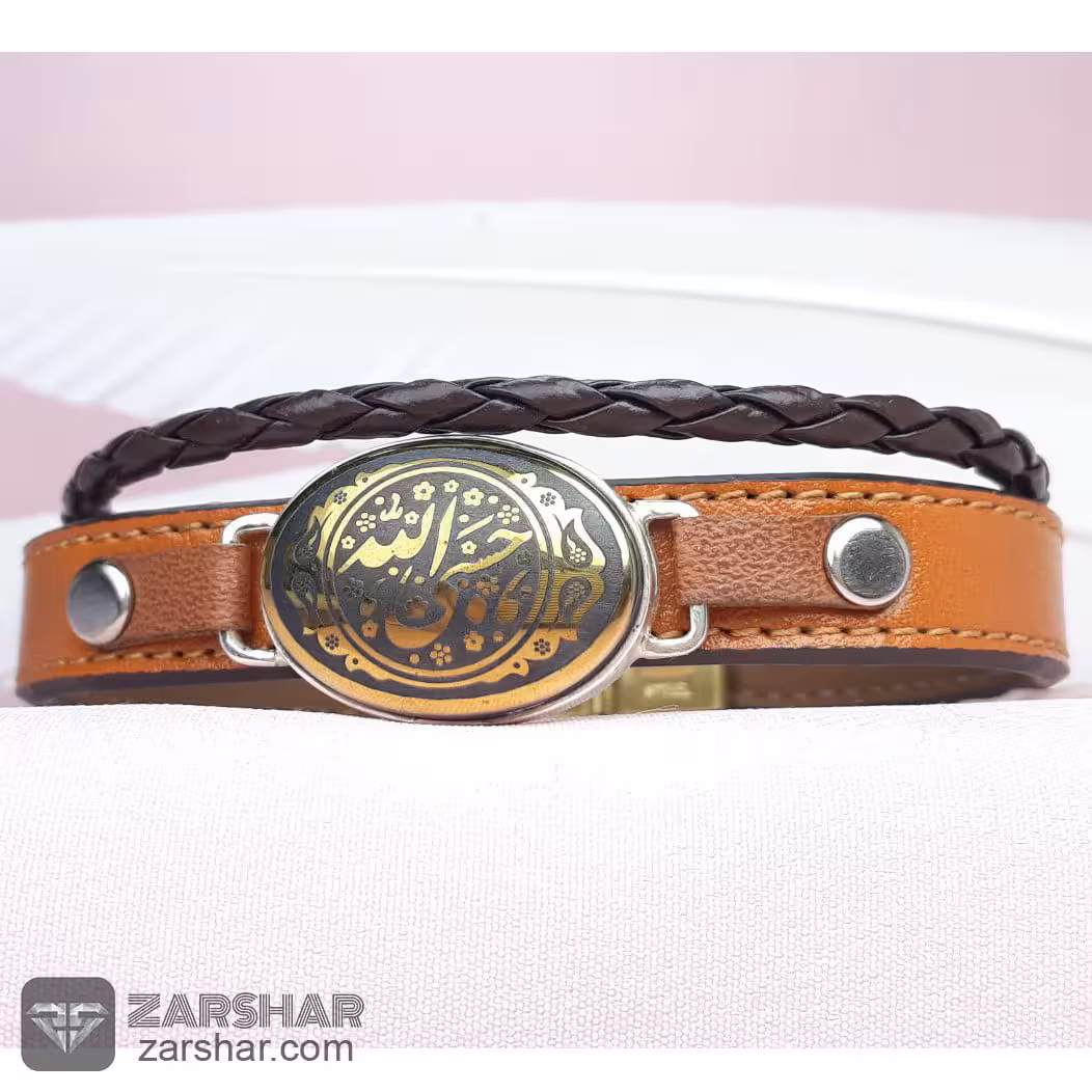 دستبند چرم و نقره سنگ حدید حسبی الله
