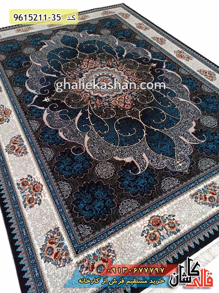 فرش طرح 700 شانه طرح چکاوک زمینه سرمه ای کاشان