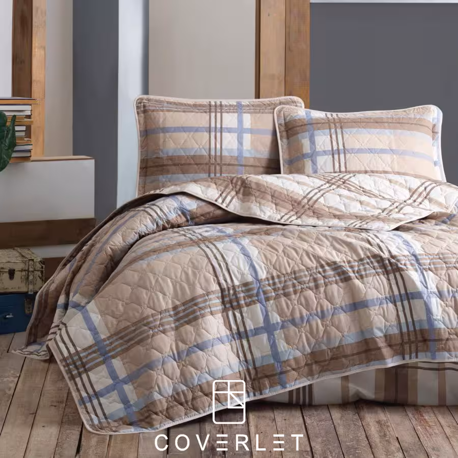 روتختی پنبه دوزی بژ طرح چهارخانه یکنفره مدل Enza