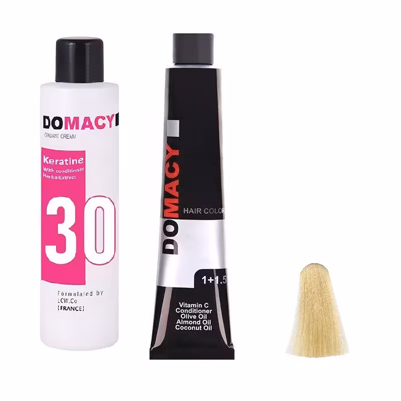 رنگ مو دوماسی شماره 10.00 حجم 120 میلی لیتر رنگ بلوند پلاتینه به همراه اکسیدان کد 02 نه درصدی حجم 180 میلی لیتر