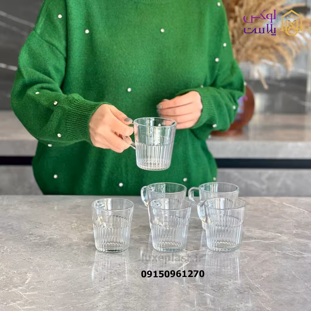 لیوان شیشه ای 6 عددی دسته دار شیاردار لیمون (2281)