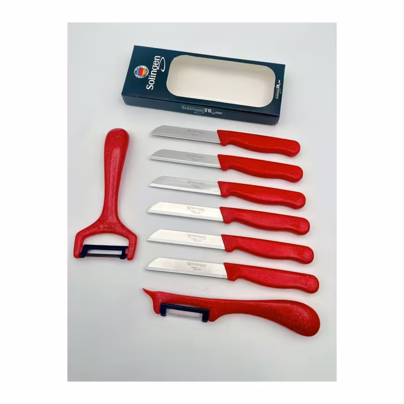 ست 6 عددی چاقوی میوه‌خوری و 2 عدد پوست‌کن زولینگن | Solingen | مدل کلیور سیم‌دار | رنگ قرمز | تیغه استیل ضدزنگ | طراحی ارگونومیک | مناسب برای آشپزخانه | ساخت آلمان