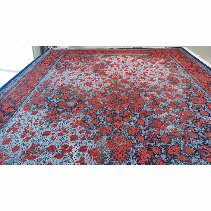 فرش ماشینی زمرد مشهد طرح وینتیج مدل افشان زمینه سورمه ای