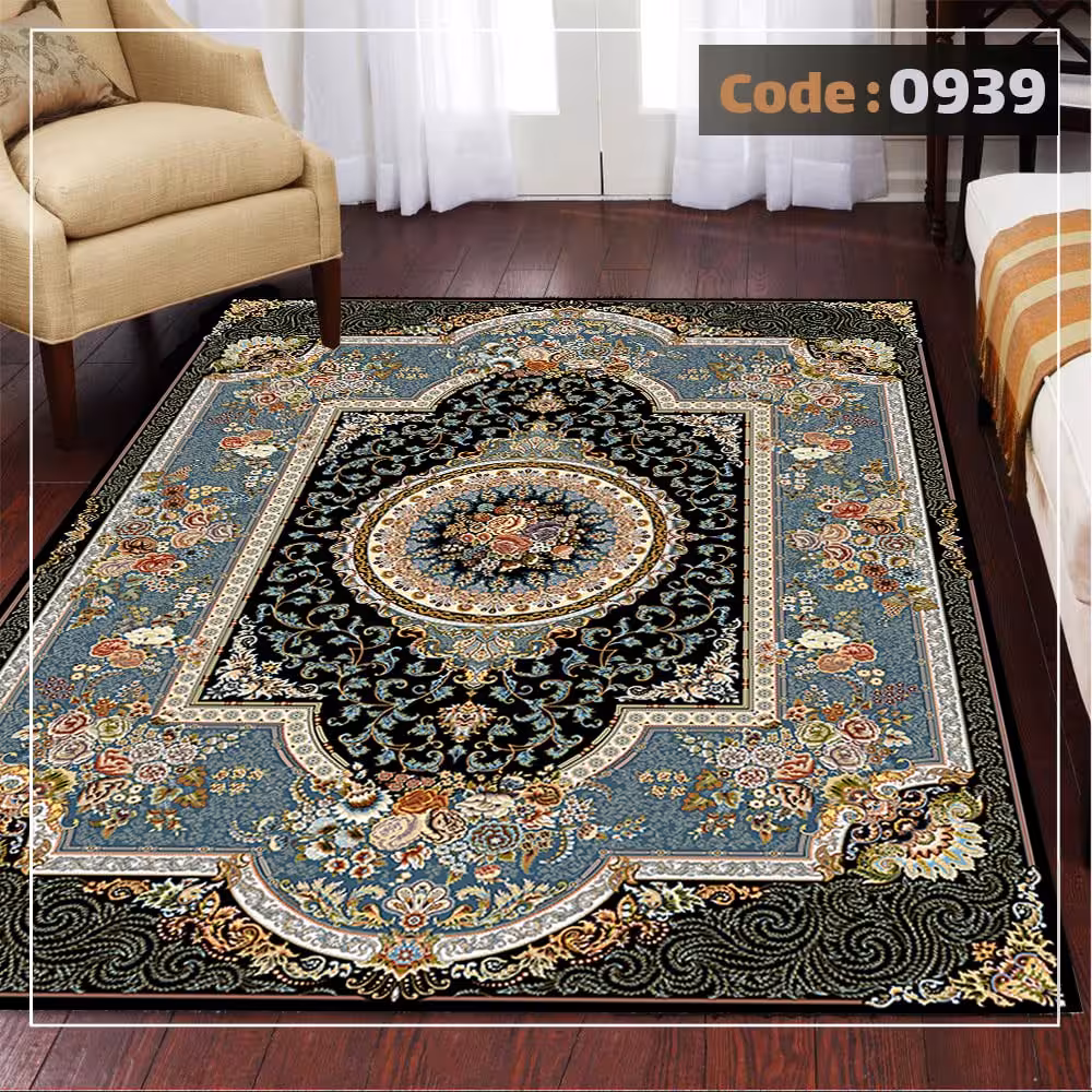 کاورفرش روفرشی دورکشدار گوشه لیفه ای لاکی ، آبی و متنوع کد 0939