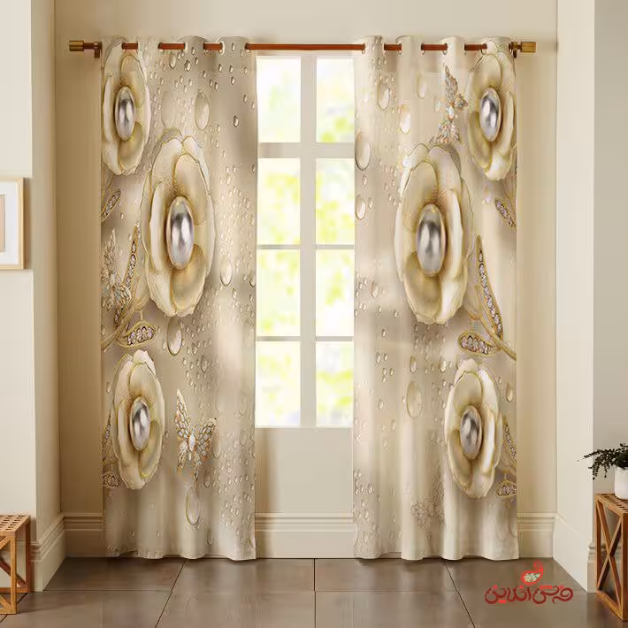 پرده 2عددی طرح گل و مروارید کد 2532