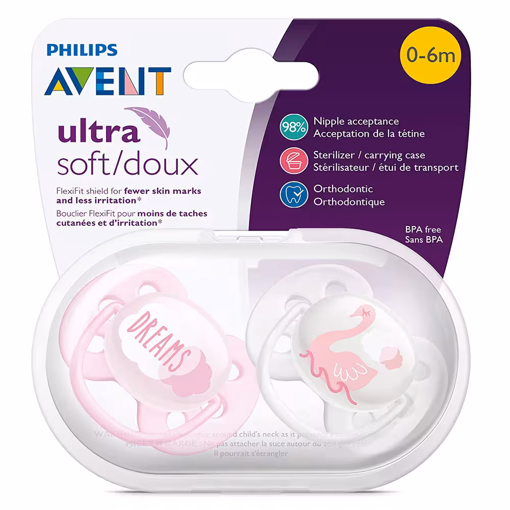 پستانک ارتودنسی بادومی الترا سافت 0 - 6 ماه فیلیپس اونت philips avent بسته دو عددی طرح قو
