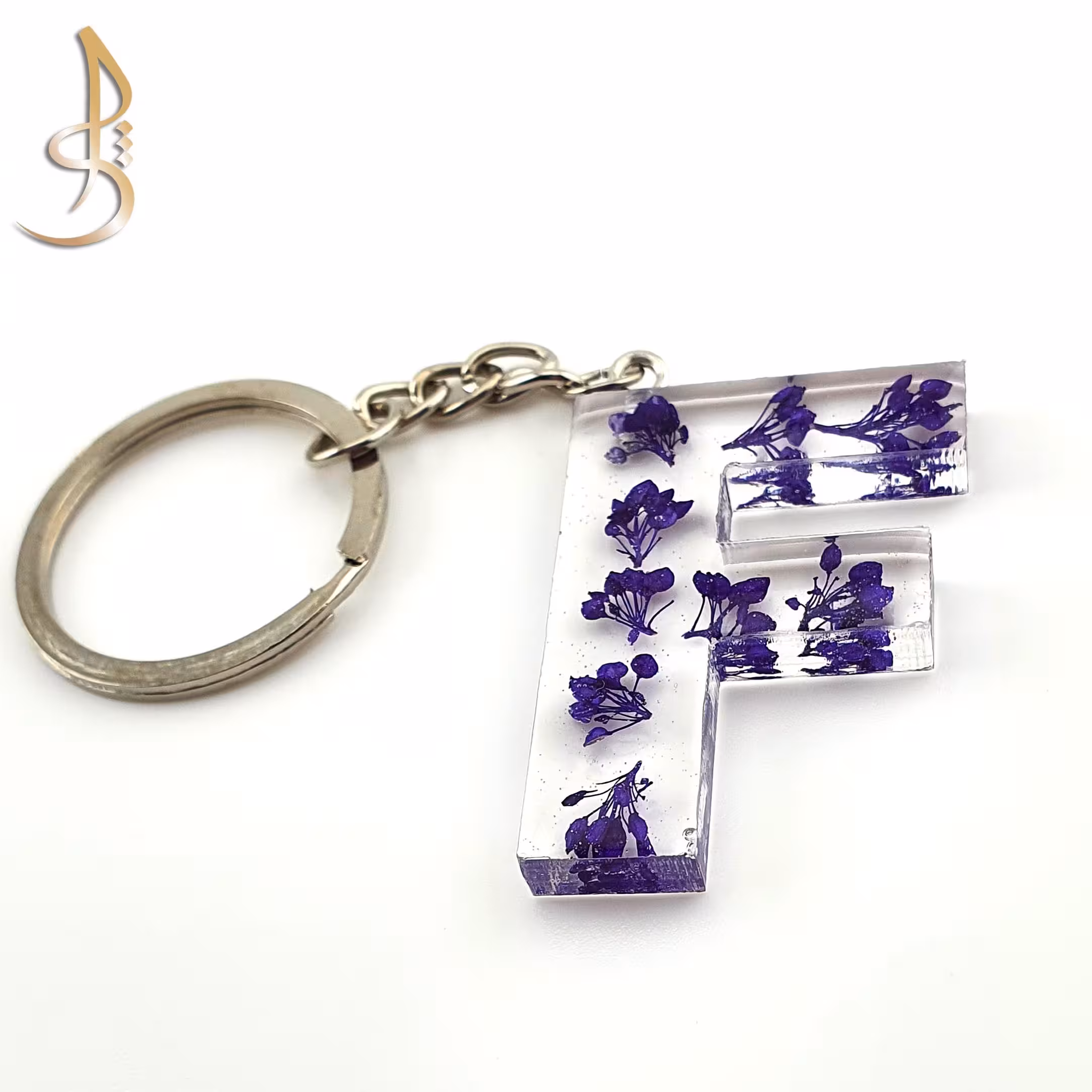 جاکلیدی رزینی حروف انگلیسی حرف F  گل خشک  بنفش  (کد 002)