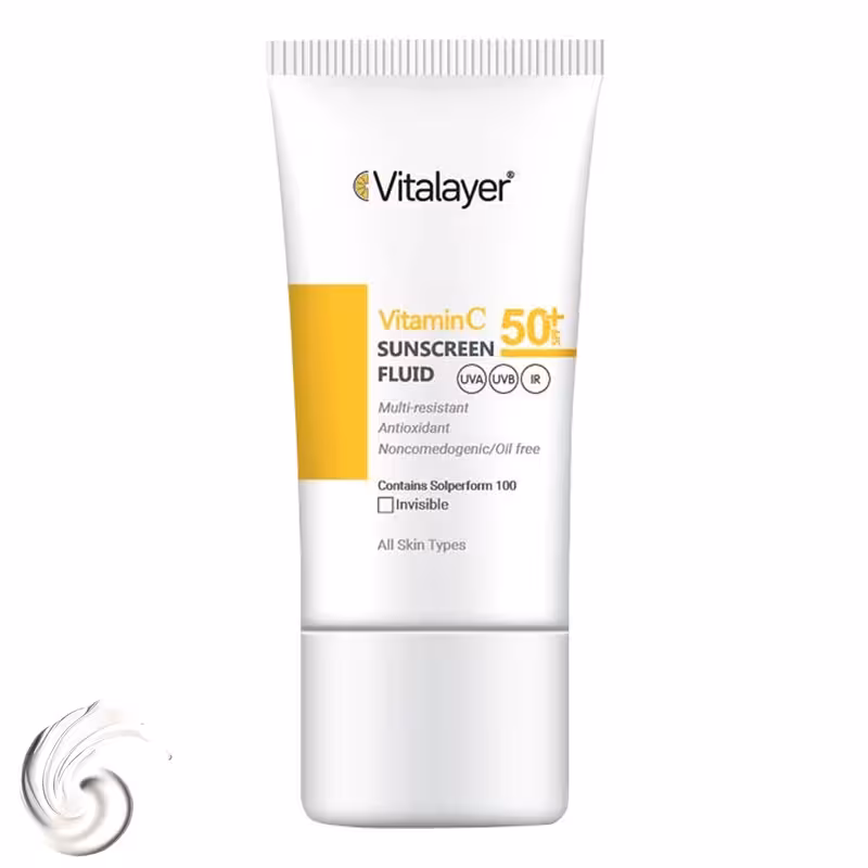 فلوئید ضد آفتاب بدون رنگ ویتالیر SPF50 مدل Vitamin C محافظ UVA ،UVB، ضد چروک، روشن‌کننده، مناسب انواع پوست حجم 50 میلی‌لیتر