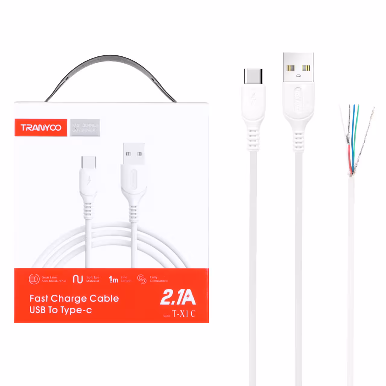 کابل شارژ TRANYOO Type-C مدل T-X1C – سفید
