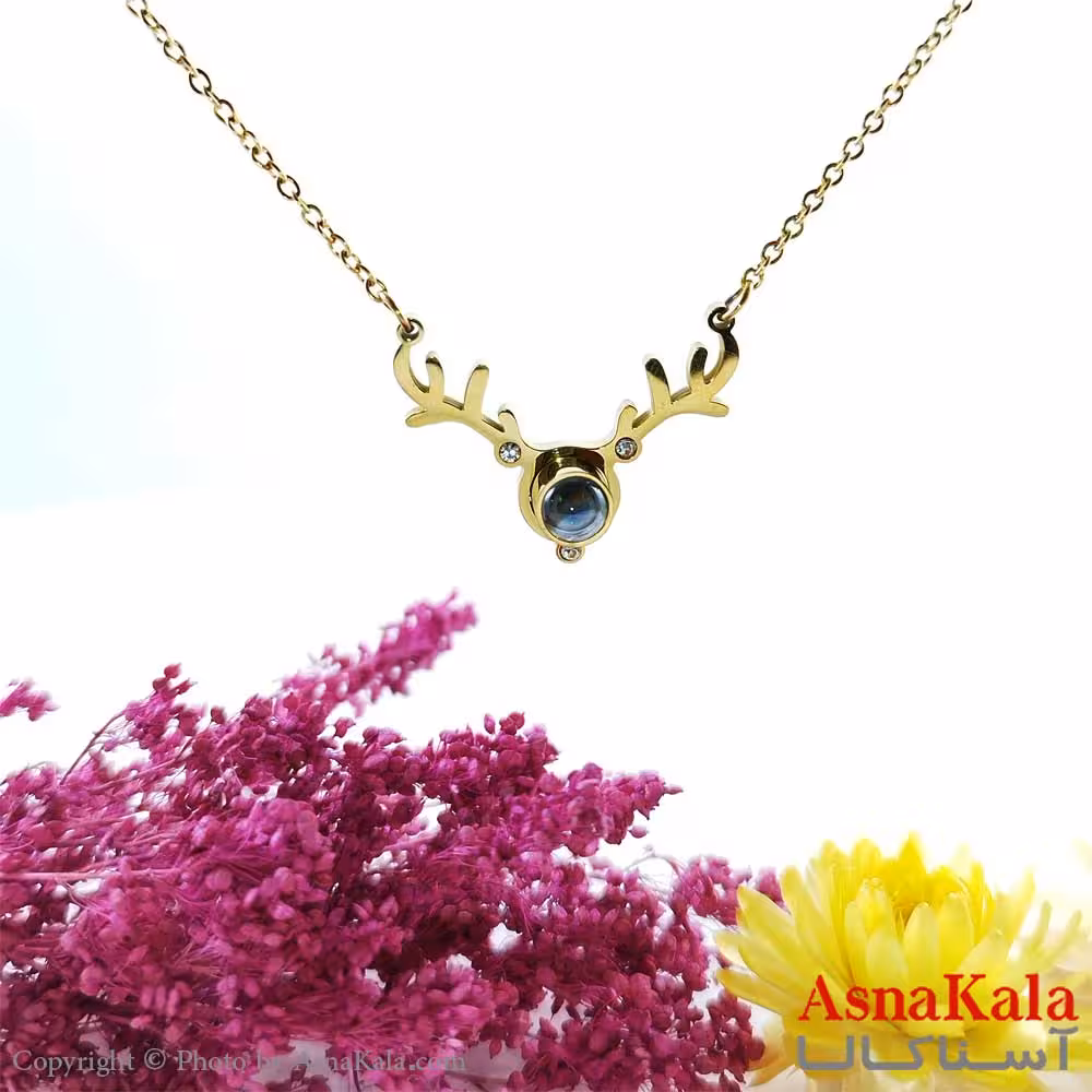 گردنبند دوستت دارم به صد زبان دنیا طرح شاخ گوزن طلا یی نگین دار  کد GNB1606W