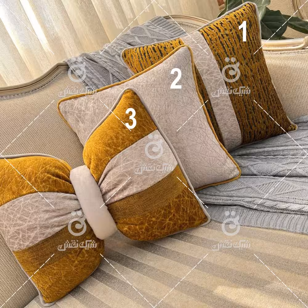 کاور کوسن مخمل طرح شهرزاد کد 6 (طوسی روشن و خردلی)