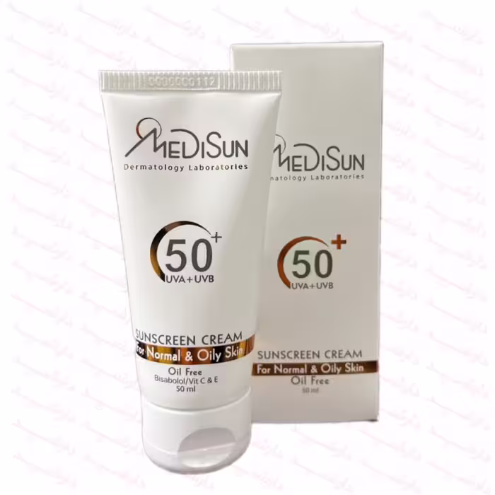 کرم ضد آفتاب بی‌رنگ  SPF50 مدیسان مناسب پوست های معمولی و چرب 50 میلی لیتر