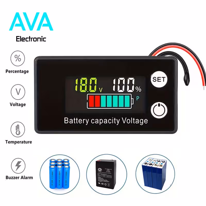 نمایشگر ولتاژ و ظرفیت باتری DC8V-100V مدل W2026 با سنسور دما و آلارم