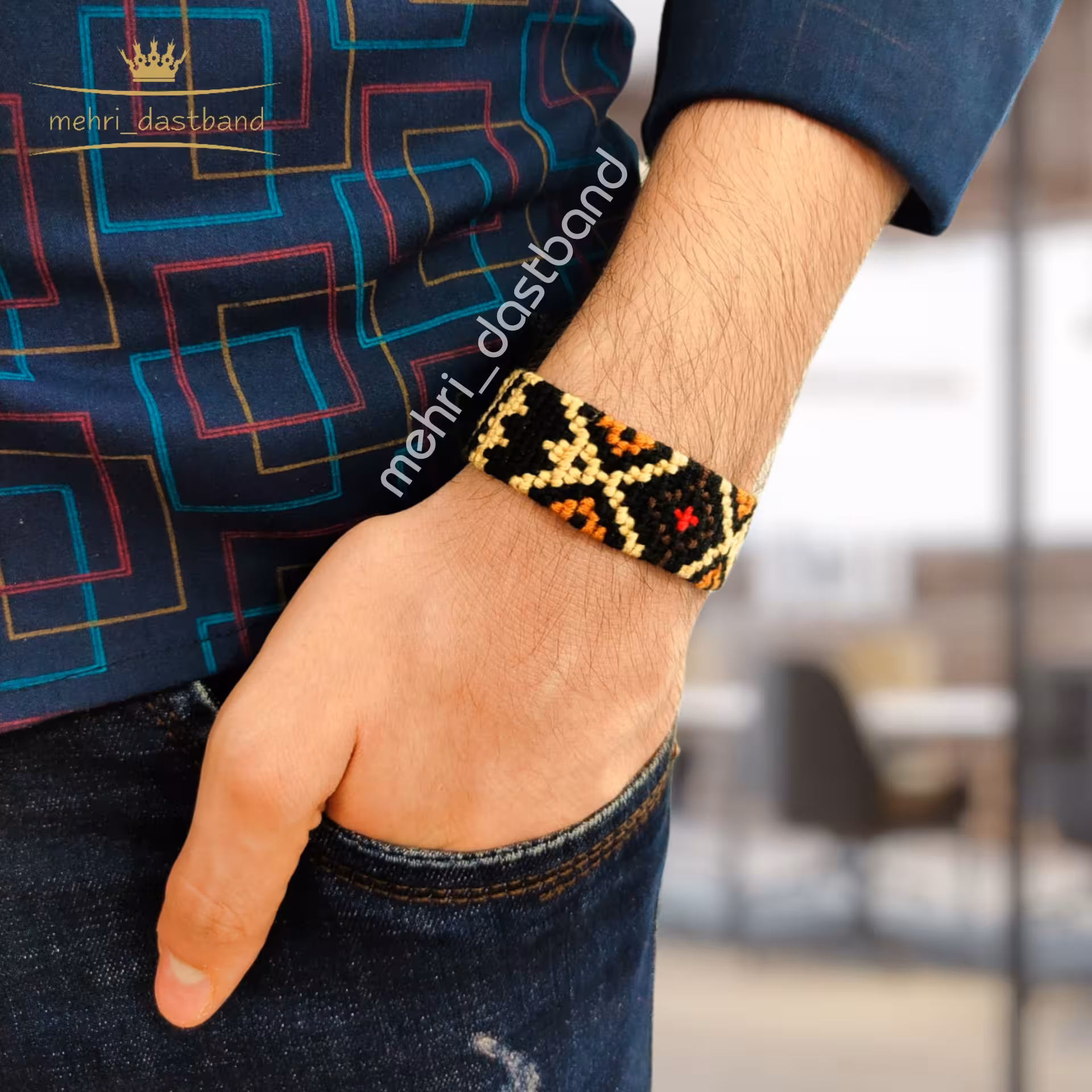 دستبند پسرانه دستبافت طرح سنتی - اکسسوری مهری