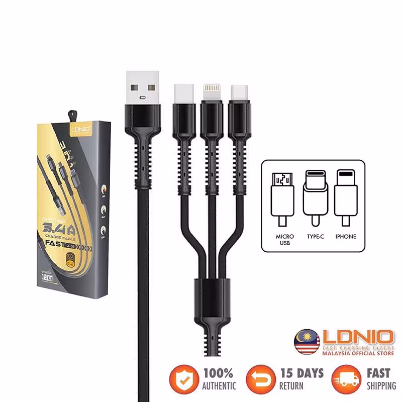 کابل 3 سر میکرو و تایپ سی و آیفون الدینیو مدل LDNIO LC-93