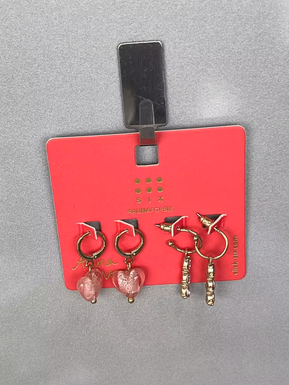 ست گوشواره دو جفتی قلب صورتی و بامبو طلایی