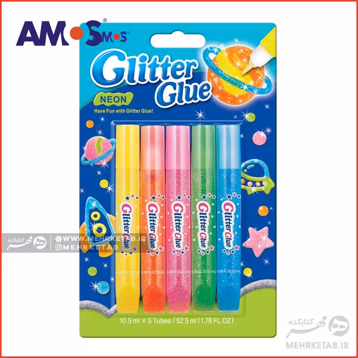 چسب اکلیلی 5 رنگ نئون آموس Amos Glitter Glue Neon 5 Colors