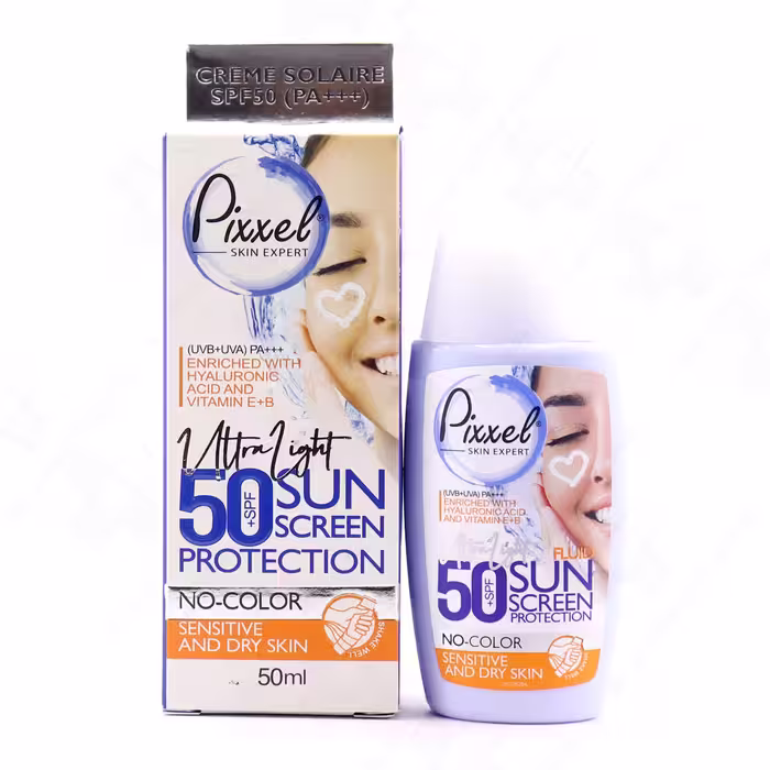 کرم ضد آفتاب SPF50 مناسب پوست خشک و حساس بی رنگ پیکسل 50 میلی لیتر