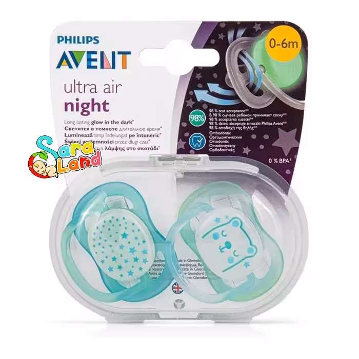 پستانک ارتودنسی اونت شب تاب الترا ایر 6-0 ماه تکی جعبه باز مدل SCF376/10