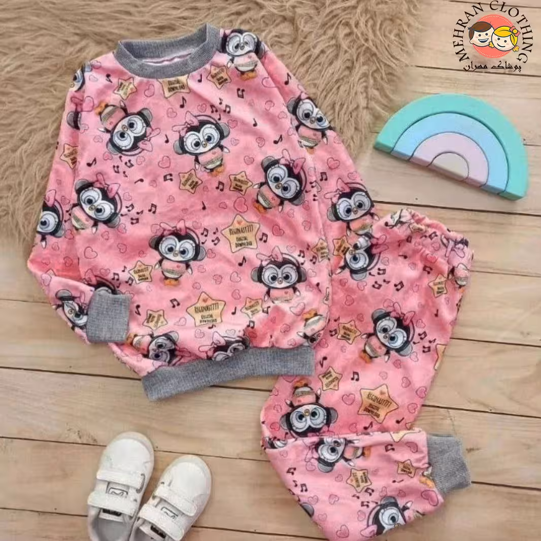 بلوز شلوار مخمل-1335-لباس بچه گانه -بلوز شلوار دخترانه طرح جغد