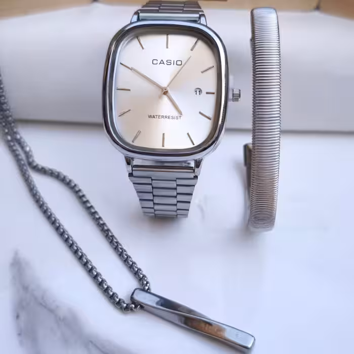 ست ساعت گردنبند دستبند پسرانه کاسیو نقره ای