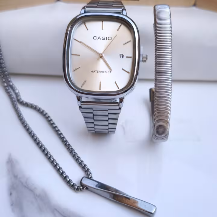 ست ساعت گردنبند دستبند پسرانه کاسیو نقره ای