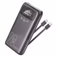 پاوربانک اکو مدل E20000، ظرفیت 20000 میلی‌آمپر، شارژ ایمن، فناوری USB PD، تخصیص هوشمند شدت جریان خروجی، سازگار با انواع گجت‌های هوشمند، به همراه دو عدد کابل USB TYPE-C و LIGHTNING داخلی با پشتیبانی از قابلیت شارژ سریع، دارای 2 درگاه خروجی