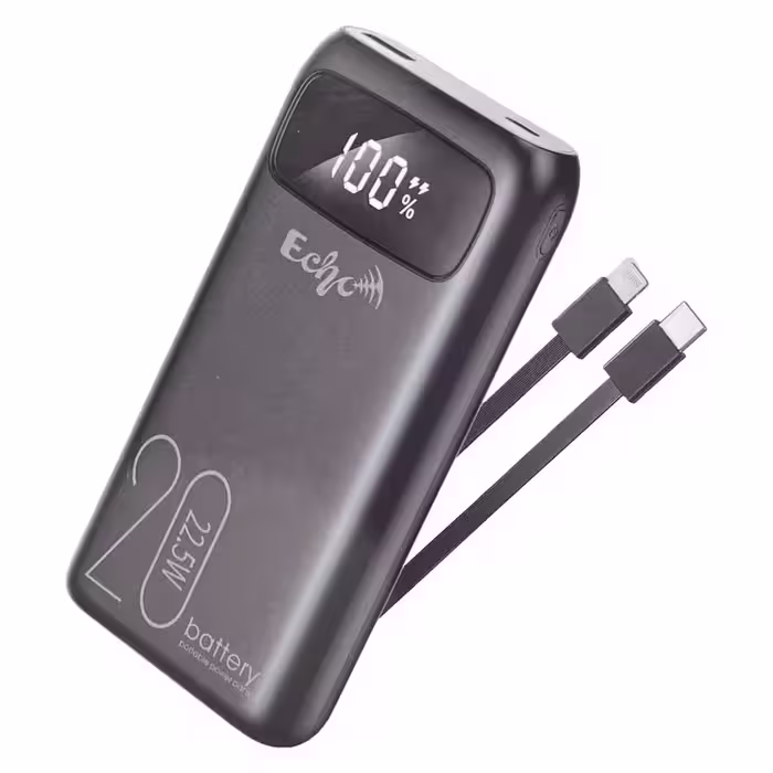پاوربانک اکو مدل E20000، ظرفیت 20000 میلی‌آمپر، شارژ ایمن، فناوری USB PD، تخصیص هوشمند شدت جریان خروجی، سازگار با انواع گجت‌های هوشمند، به همراه دو عدد کابل USB TYPE-C و LIGHTNING داخلی با پشتیبانی از قابلیت شارژ سریع، دارای 2 درگاه خروجی