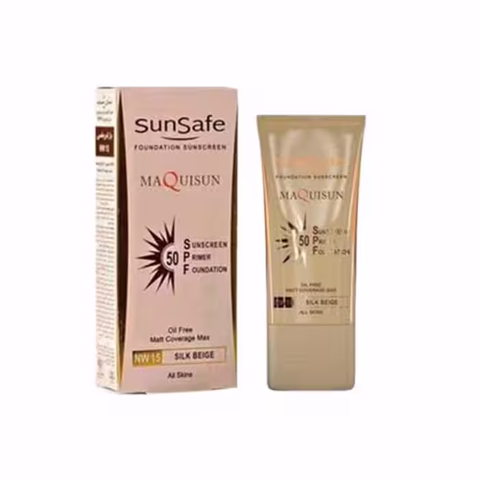 ضد آفتاب کرم پودری و پرایمری سان سیف مدل Maquisun Spf50 حجم 40 میل رنگ بژ ابریشمی