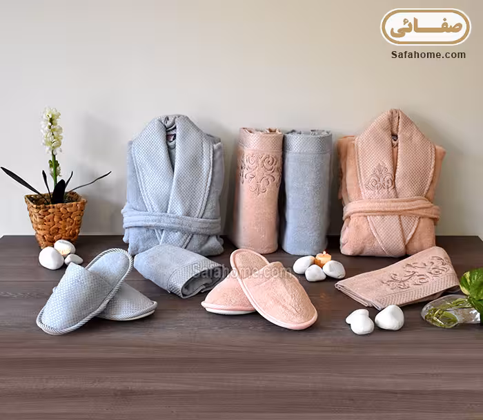 سرویس حوله عروس و داماد ماربل گلبهی طوسی