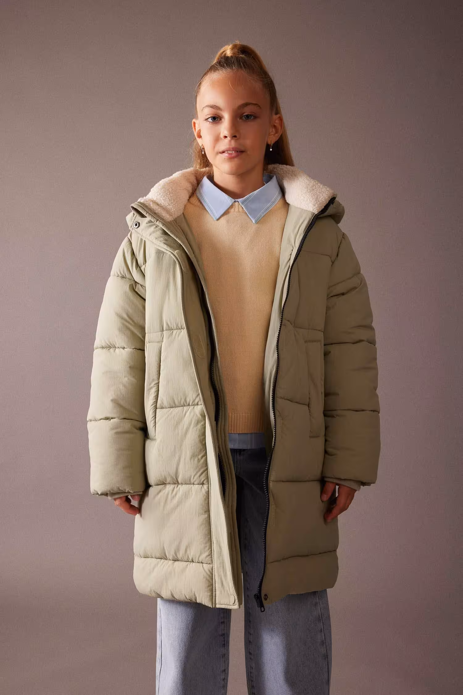 کاپشن دخترانه خاکی روشن دفکتو