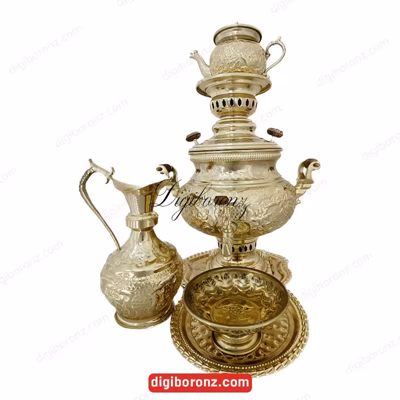 سرویس سماور برنجی مدل ذغالی 5 پارچه طرح گل و مرغ