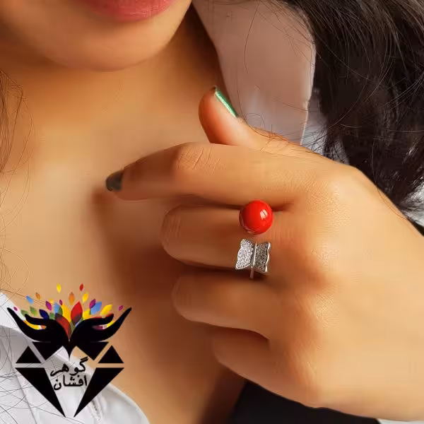انگشتر نقره مرجان طرح پروانه فری سایز R3221