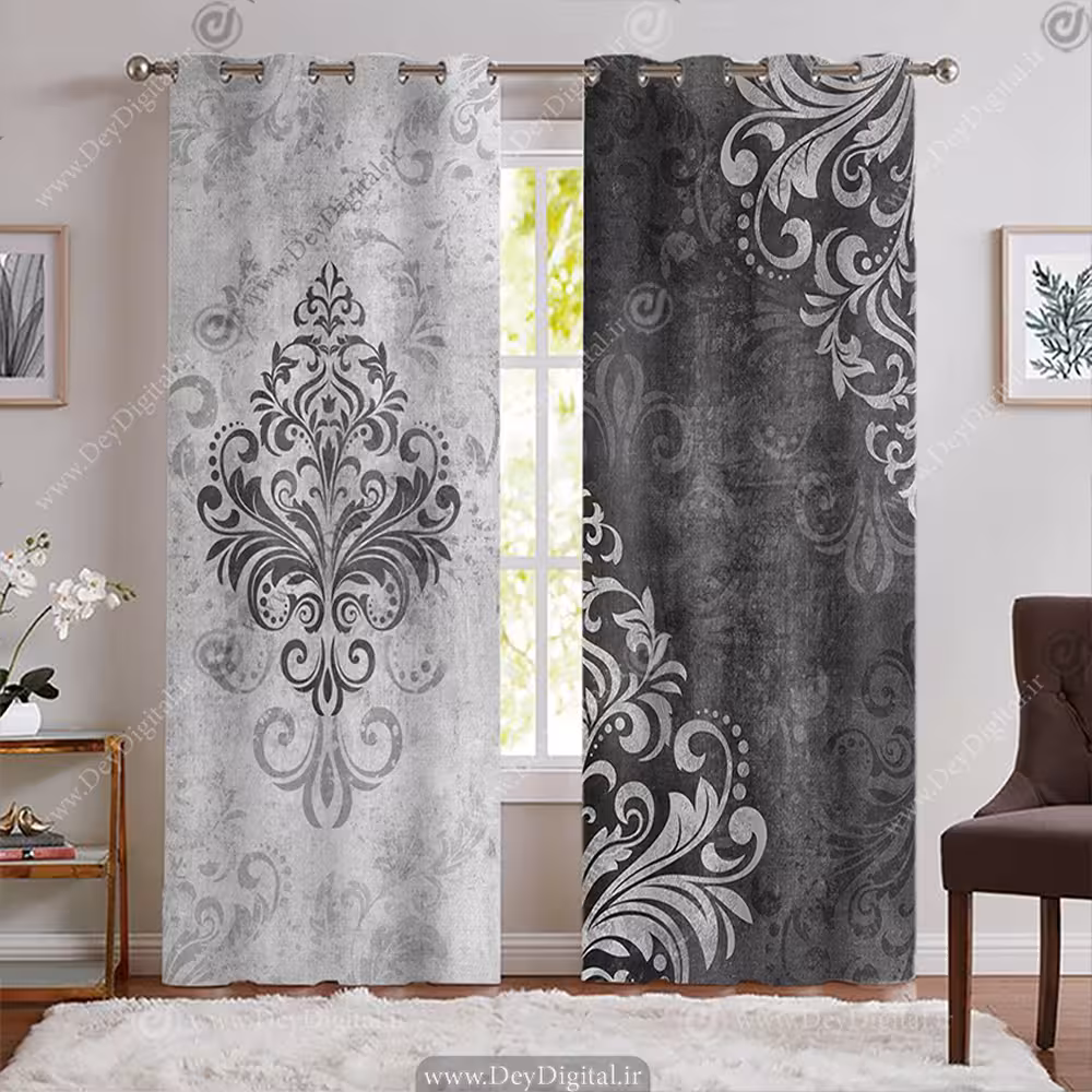 پرده پانچی خاکستری طرح گل داماسک PK-7783