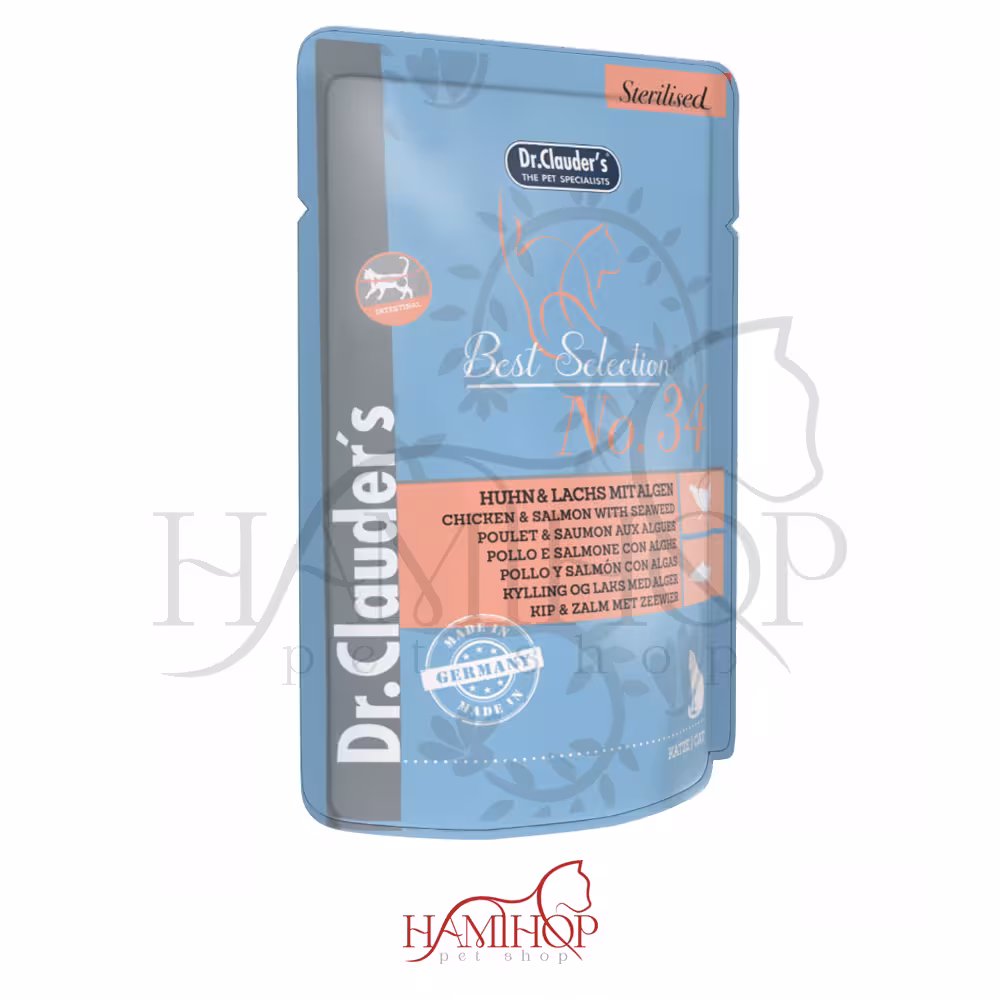 پوچ گربه بالغ عقیم شده دکتر کلادرز با طعم گوشت مرغ و ماهی سالمون 85گرم Dr Clauder´s salmon ,chicken