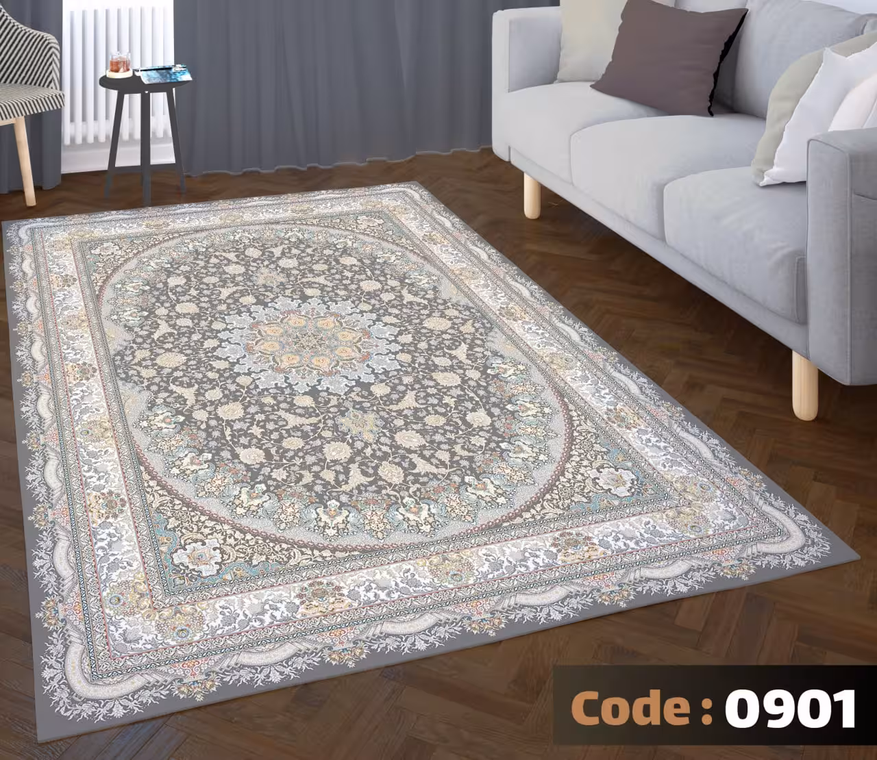 کاورفرش روفرشی دورکشدار گوشه لیفه ای طوسی کرم کد 0901