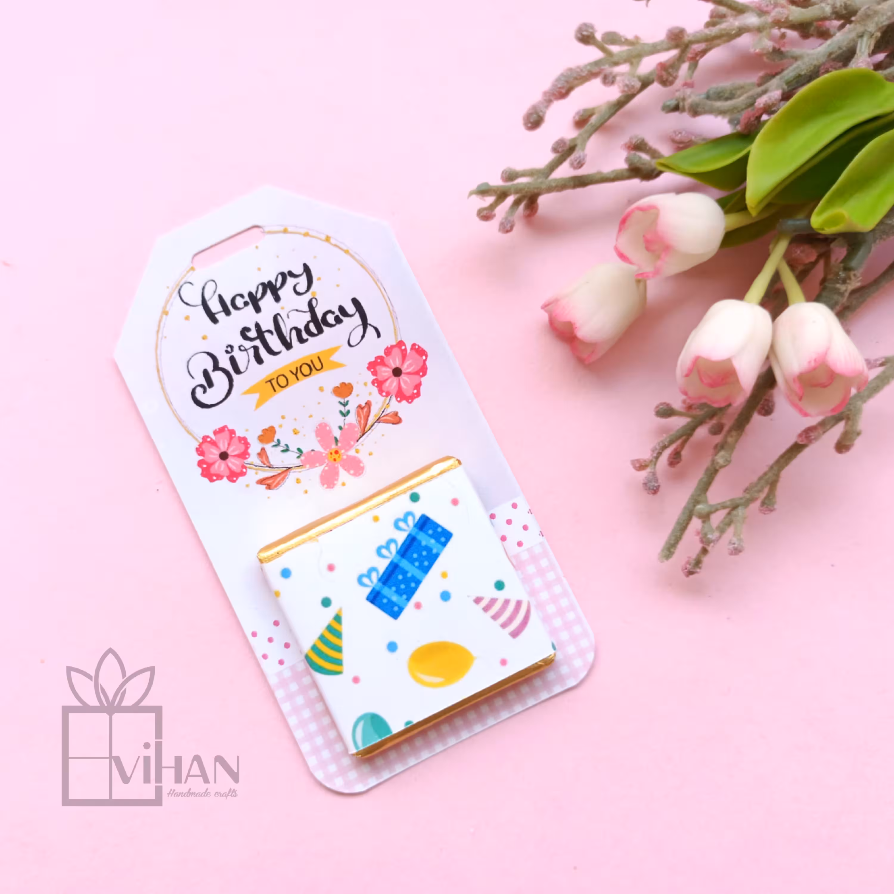 گیفت شکلات مربعی تبریک تولد همراه با تگ سرمثلثی 1