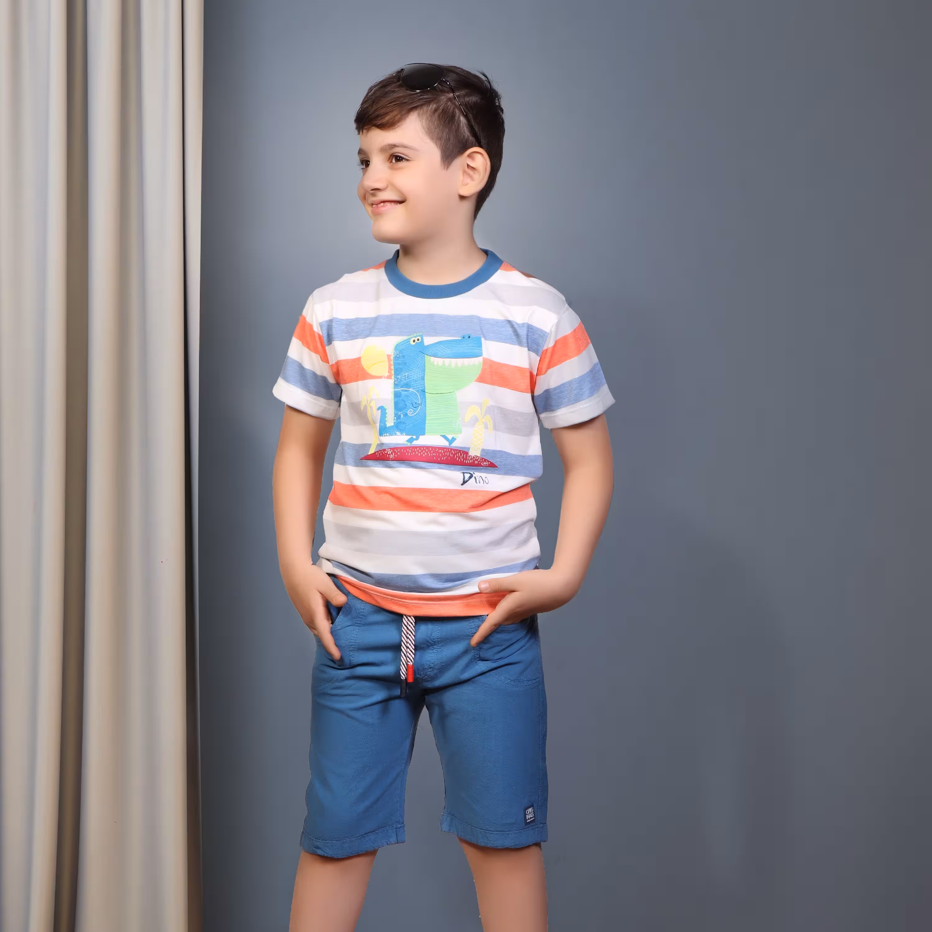 ست تیشرت و شلوارک کتان طرح دایناسور