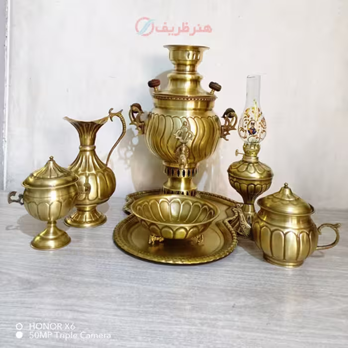 سرویس 7 پارچه سماور ذغالی برنجی 3 لیتری، توپی آینه پیچ
