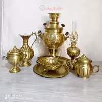 سرویس 7 پارچه سماور ذغالی برنجی 3 لیتری، توپی آینه پیچ