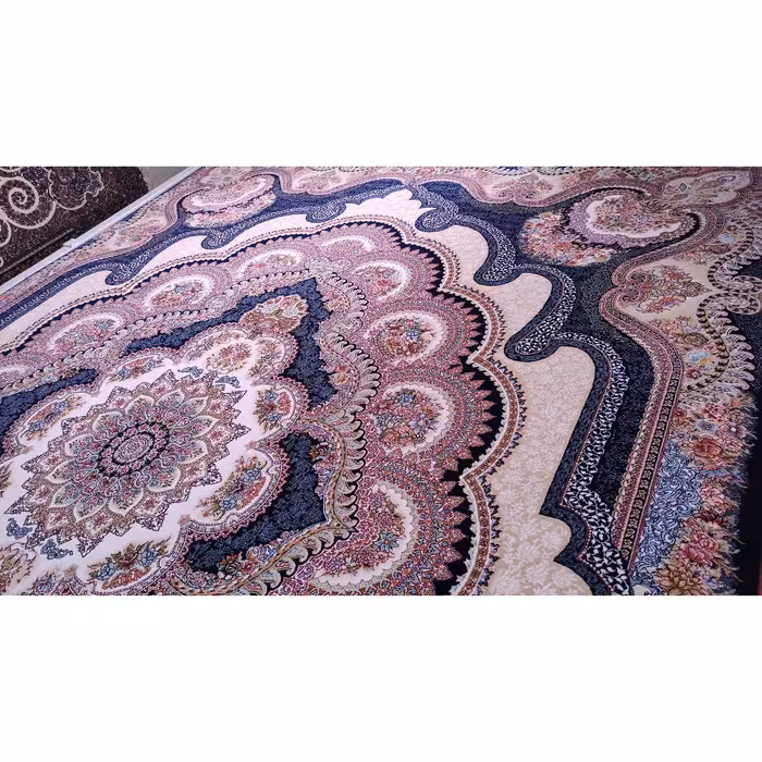 فرش ماشینی زمرد مشهد مدل گلنما زمینه سرمه ای