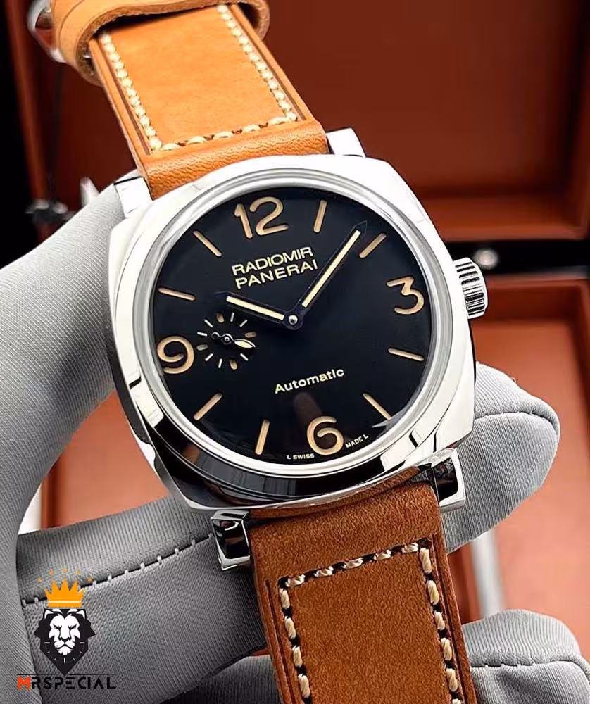 ساعت پنرای مردانه اتوماتیک بند چرم کاراملی جیر صفحه مشکی 0987 Panerai Luminor Radiomir