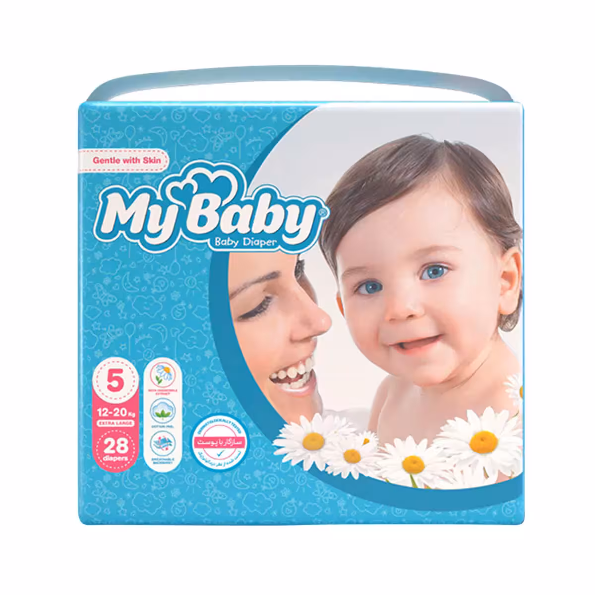 پوشک سایز پنج (12 تا 20 کیلوگرم) حاوی عصاره بابونه بسته 28 عددی مای بی بی
