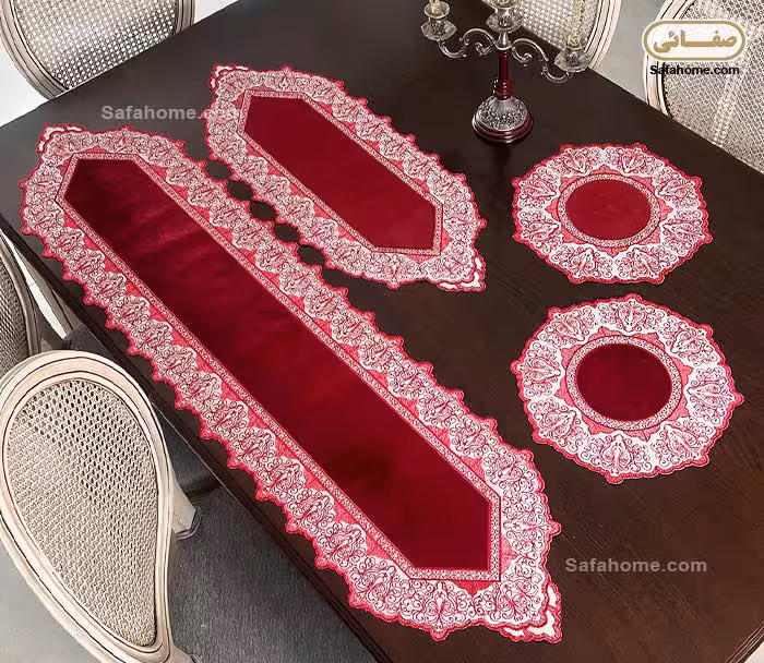 ست رانر رومیزی مخمل تکه دوزی شده 4 تکه زرشکی