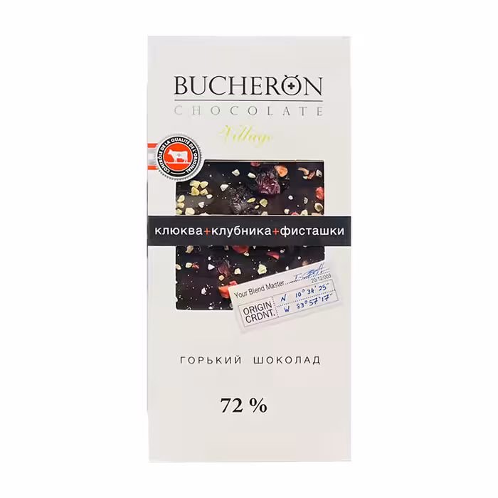 شکلات تلخ تخته ای 72 درصد بوچرون با طعم کرنبری و توت فرنگی و پسته 100 گرم