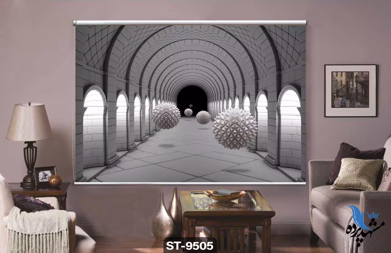 پرده شیدرول تصویری طرح سه بعدی انتزاعی گوی های معلق کد ST9505