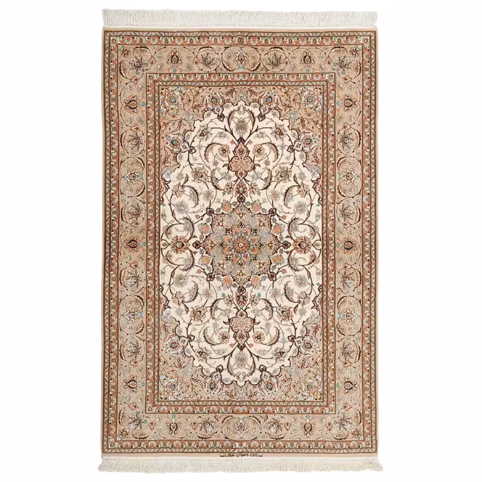 فرش دستبافت دو و نیم متری مدل چله و گل ابریشم اصفهان کد 442382