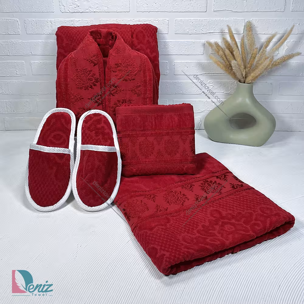 حوله ست یک نفره ژاکارد رنگ زرشکی